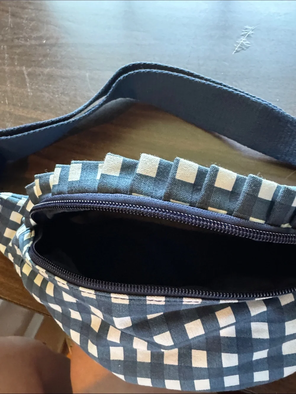 J. Crew Navy and Cream Gingham Chain-Trim Waist Bag